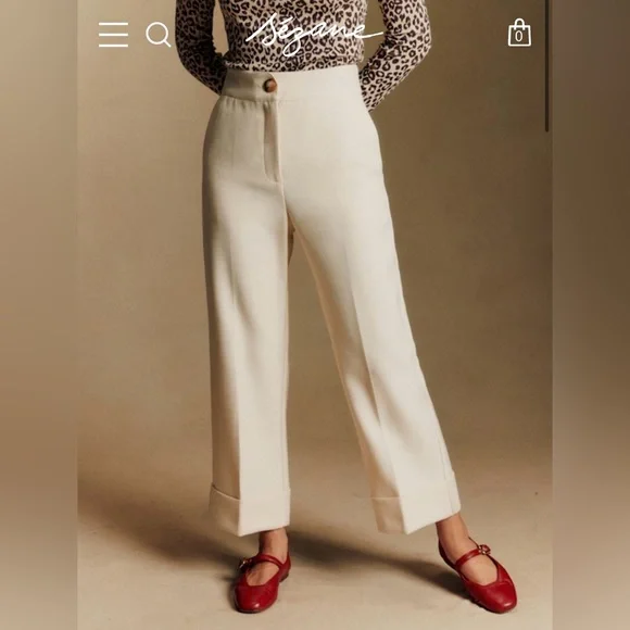 Sezane Winter White/Cream high-waisted wide-leg crop trousers, cuffed ankles! - Picture 2 of 4